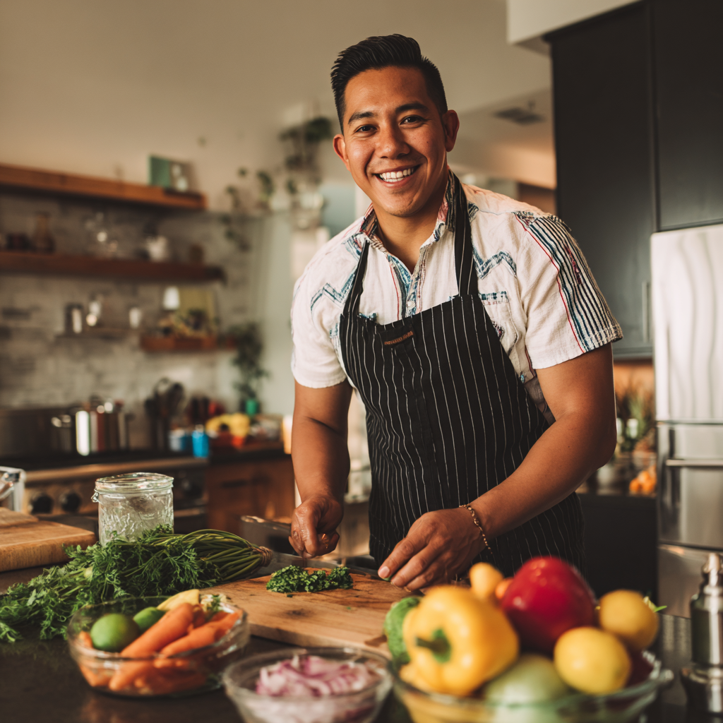 Familia mexicana sonriente disfrutando de una comida saludable juntos en casa